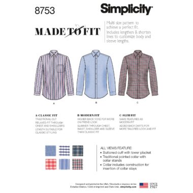 Simplicity 8753 Mens Shirt Sewing Pattern