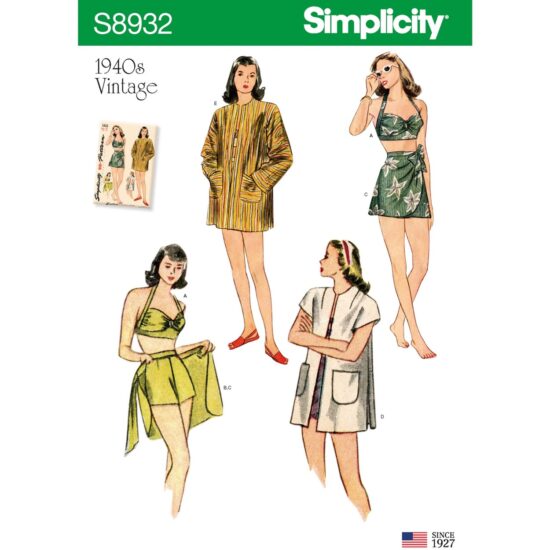 Simplicity Sewing Pattern S8932 Misses Vintage Bikini Top Shorts Wrap Skirt and Coat