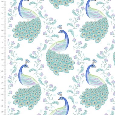 Elegant Peacock On White Cotton Fabric By Sarah Payne