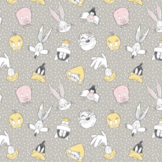 Grey Looney Tunes Tossed Faces Cotton Fabric