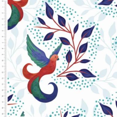 Birds and Leaves White Cotton Fabric By Sarah Payne
