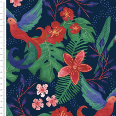 Birds of Paradise Navy Cotton Fabric By Sarah Payne