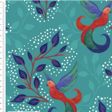 Birds and Leaves Turquoise Cotton Fabric By Sarah Payne